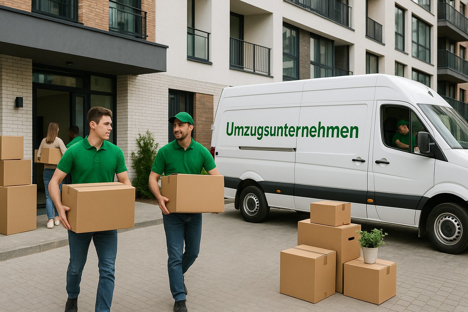 Umzug – Team lädt Kisten in den Transporter